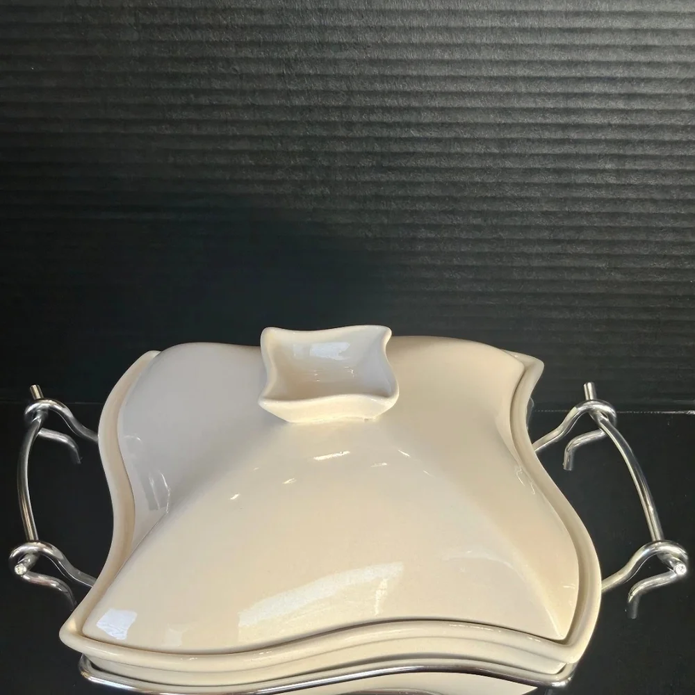 Sienna White Ceramic Lidded Casserole Dish, Chrome Warmer Stand